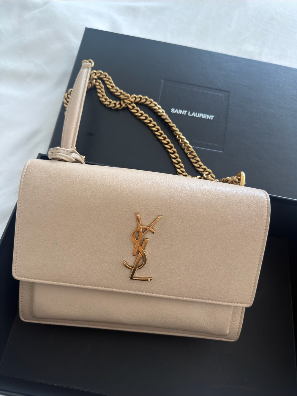 Saint Laurent Beige Leather Monogram Shoulder Bag with Gold Chain